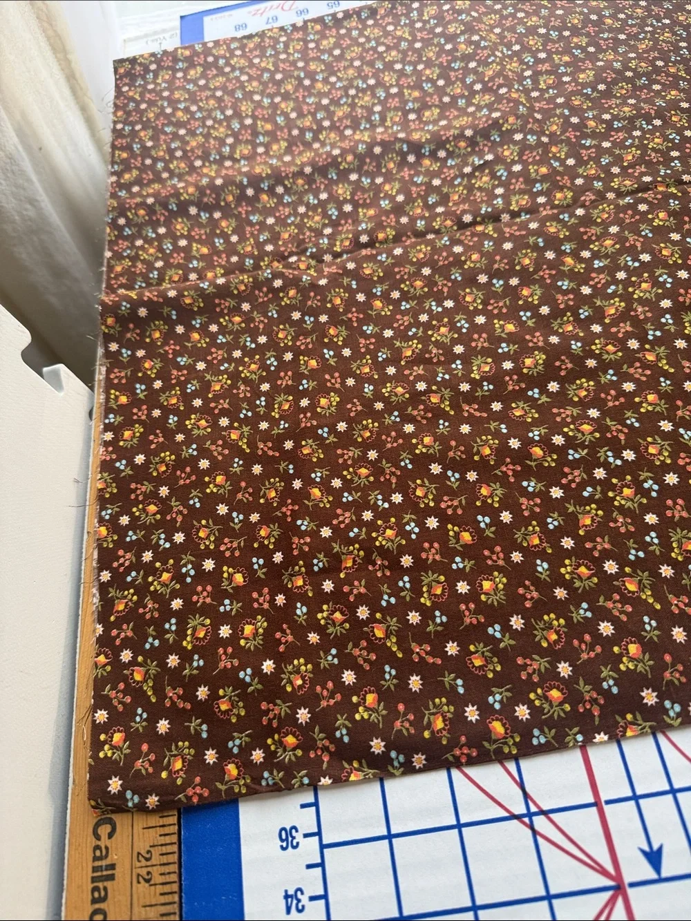 Vintage 1970s Brown Calico Floral Cotton Fabric 3 Yards x 42” Tiny Folk Print
